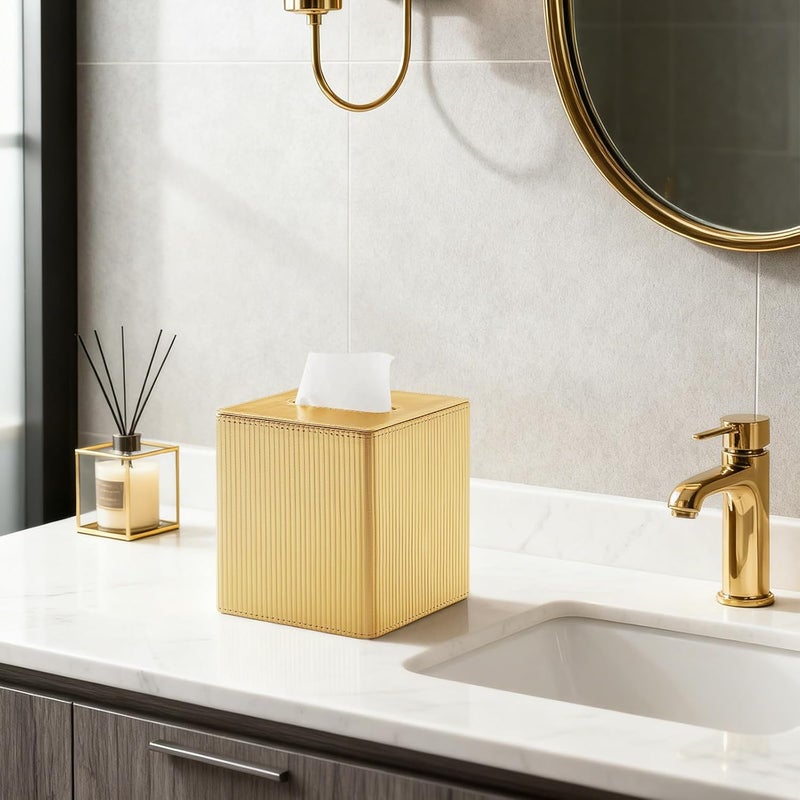 Cretkhp Gold Tissue Box Cover Square with Magnetic Closure, PU Leather Tissue Box Holder for Bathroom NightStands Livingroom, Decorative Modern Square Tissue Holder (Gold) - Image 5